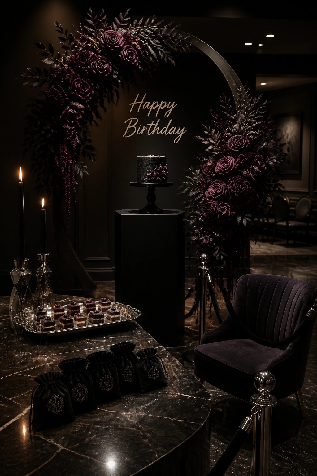 A black cake on a pedestal sits in front of a large dark purple and black floral arch, with dessert trays, candles, and black favor bags arranged on a marble table nearby.