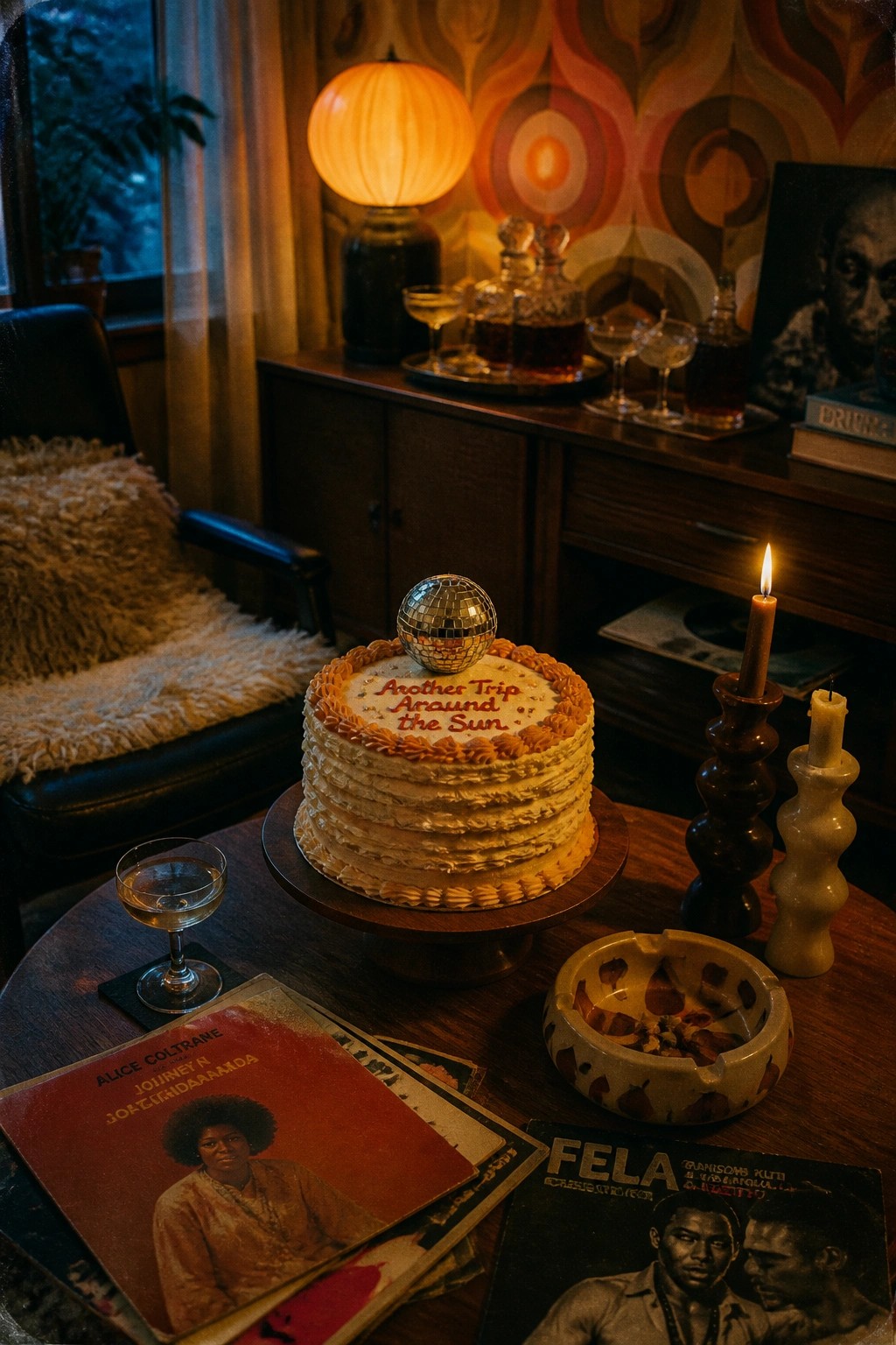 A round cake with a small disco ball on top sits on a wooden table next to vinyl records, lit candles, and an ashtray in a room with a shag chair and a wooden cabinet.