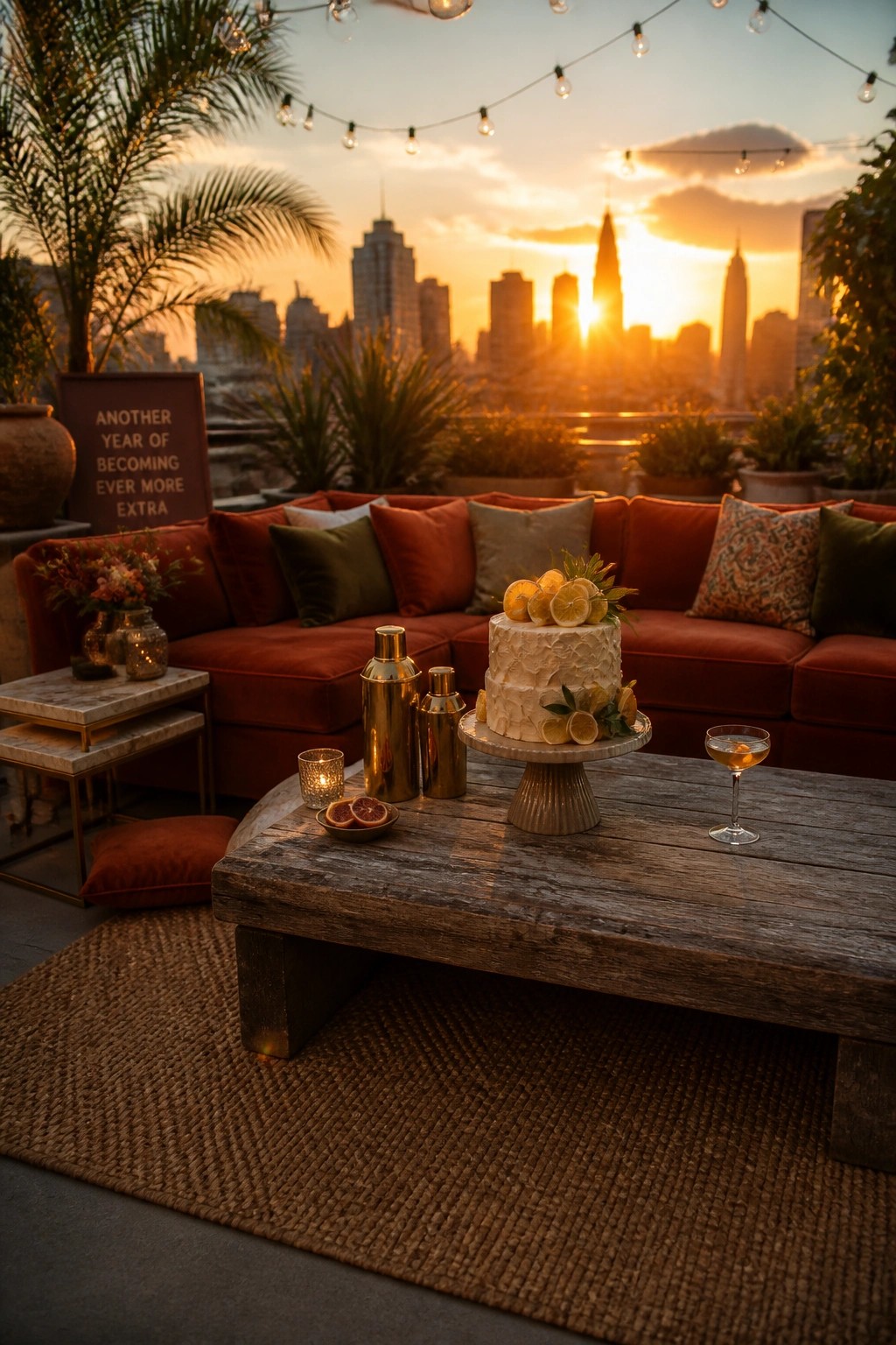 A white cake on a pedestal stand sits on a rustic wooden table with gold cocktail shakers and a glass of amber drink, positioned in front of a red sofa on a rooftop at sunset with a city skyline in the background.