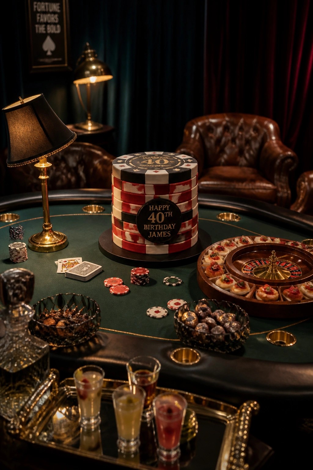 Casino-themed 40th birthday cake on poker table with roulette wheel and cocktails