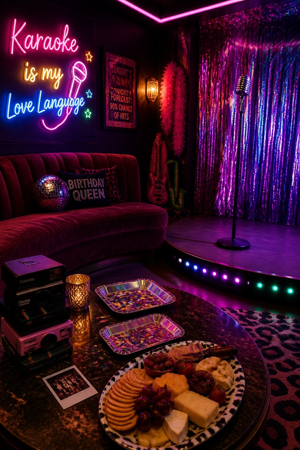 A karaoke party room with a small stage, microphone stand, neon sign, velvet couch, and snack table in the foreground.