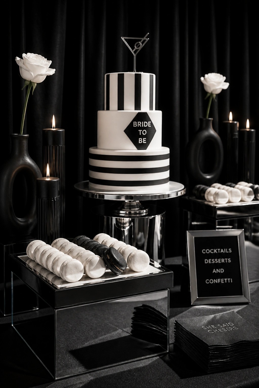 A black and white striped three-tier cake with macarons displayed on a dessert table for a bachelorette party.