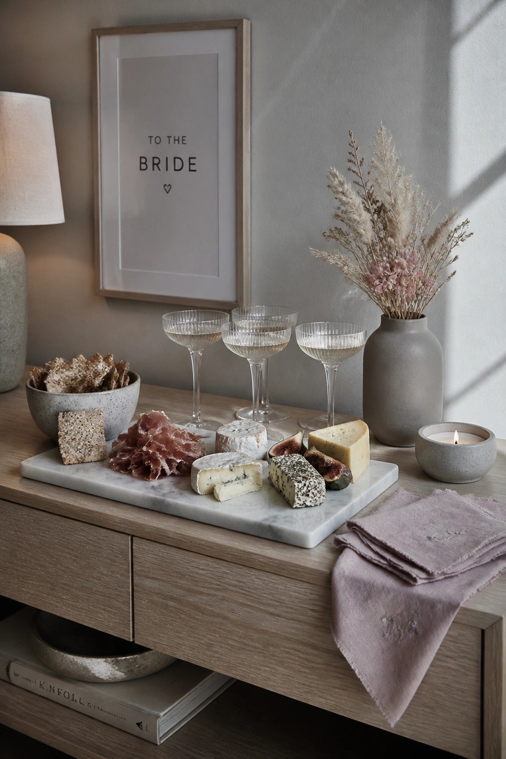 A marble cheese board with assorted cheeses, cured meats, crackers, and figs sits on a wooden console next to coupe glasses, a vase of dried flowers, and a lit candle.