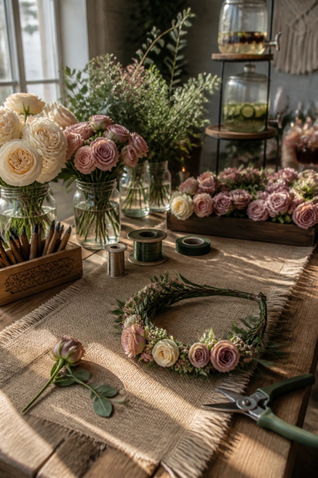 A wooden table covered with a burlap runner displays a half-finished flower crown, spools of floral wire, green pruning shears, a single rose stem, and multiple glass jars and a wooden tray filled with white and pink roses.