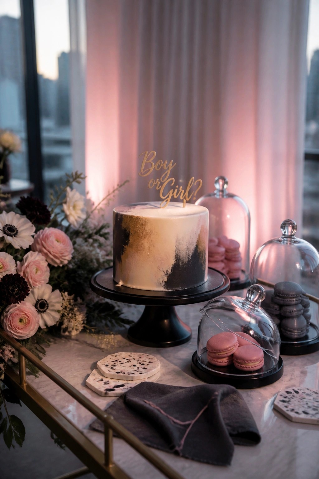 A round cake with black and gold accents sits on a black stand with a gold