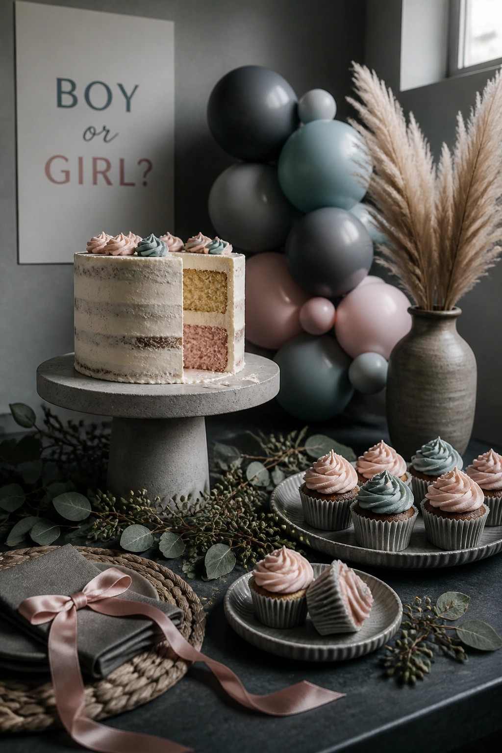 A sliced cake on a concrete stand revealing pink and yellow layers, with pink and teal frosted cupcakes nearby, balloons, and a boy or girl sign in the background.