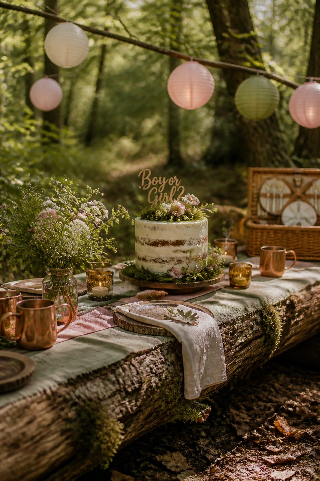 A white gender reveal cake with a wooden topper sits on a moss-covered log table in a forest, with copper mugs, a flower arrangement, and paper lanterns overhead.