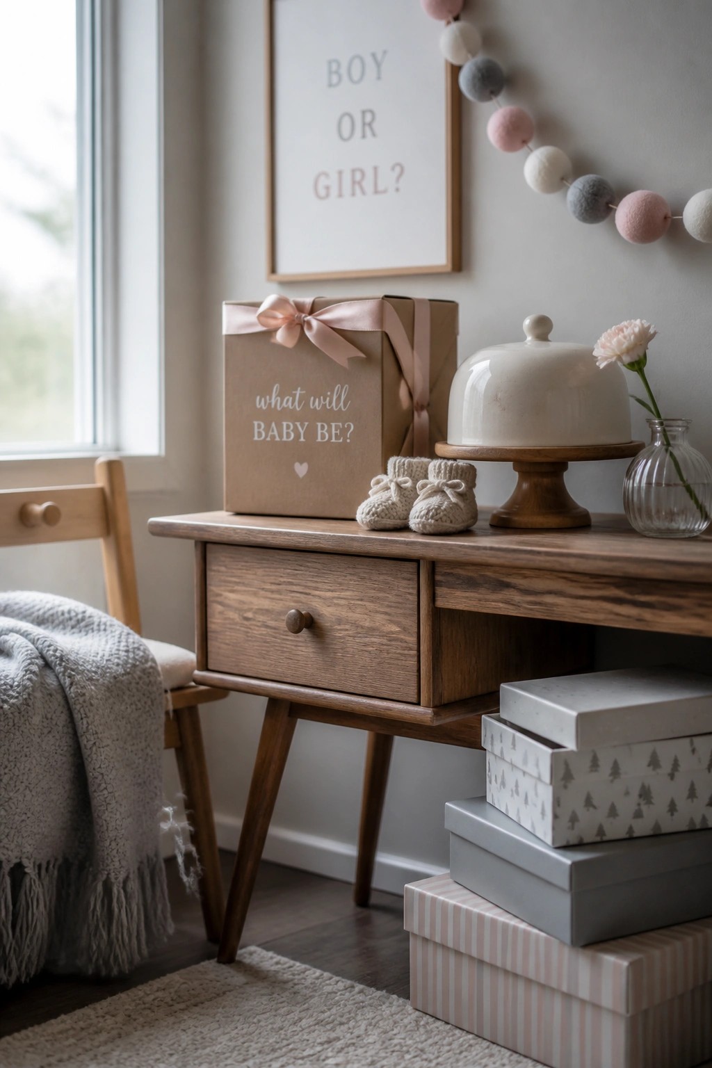 A wooden table holds a large brown gift box tied with pink ribbon, baby booties, a cake stand with cloche, a small vase with a flower, and stacked decorative boxes beneath, set against a wall with a framed sign and felt ball garland.