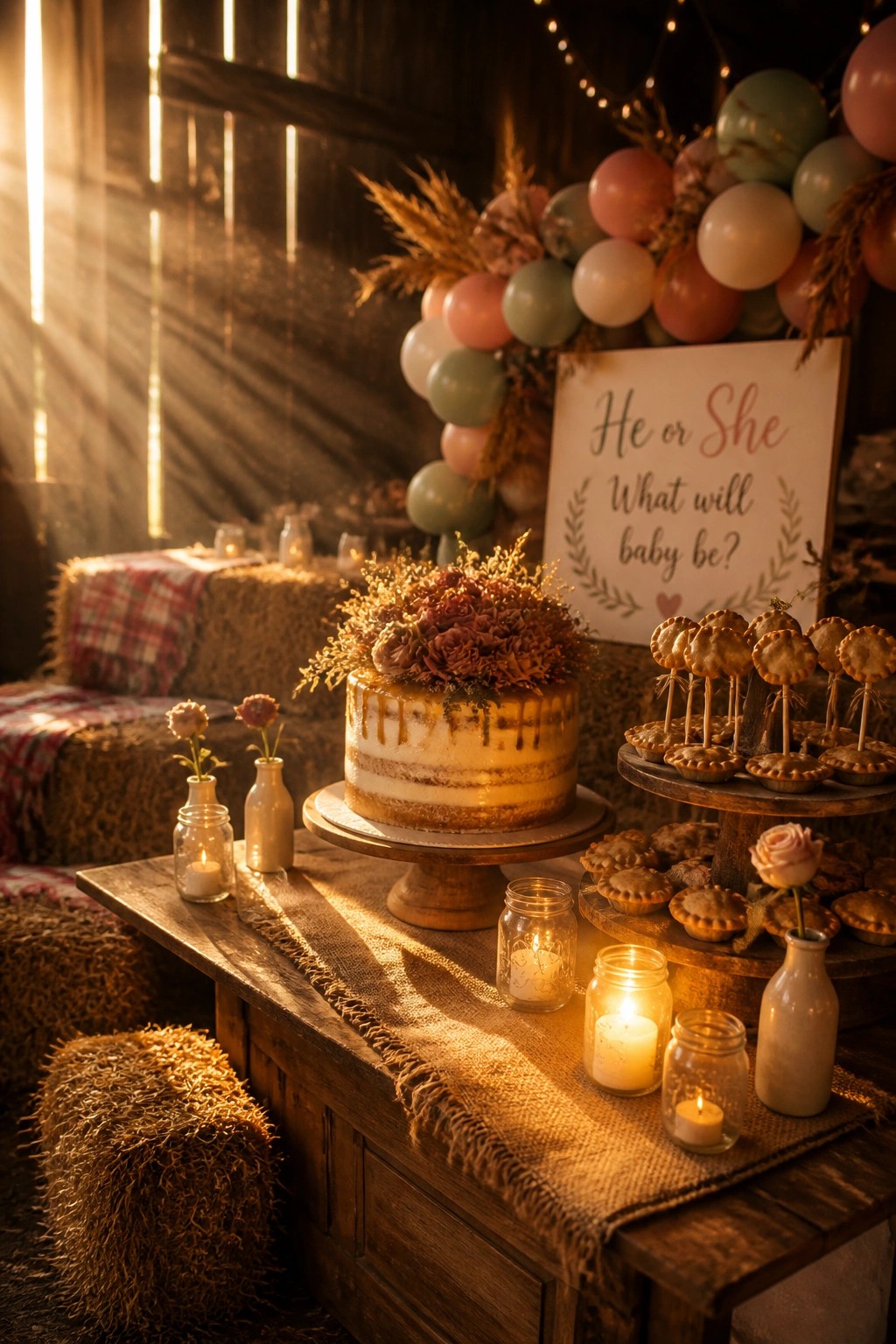 A wooden table holds a flower topped cake on a stand and a tiered wooden tray of hand pies, with several lit candles in glass jars nearby.