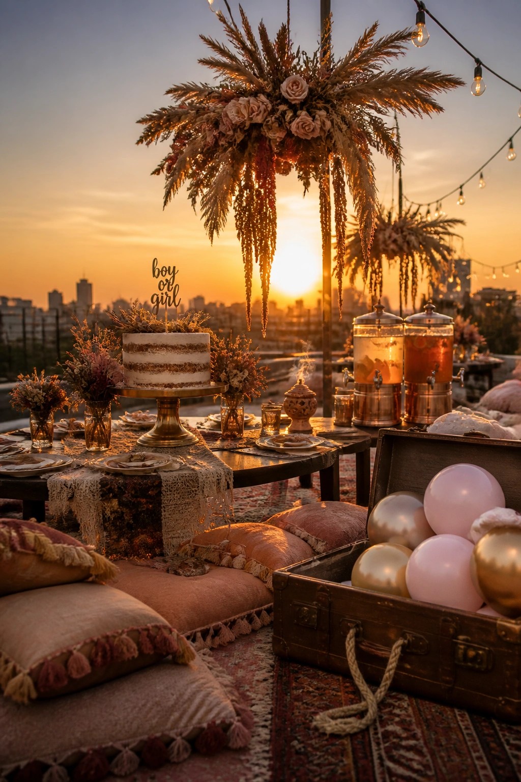An outdoor rooftop gender reveal setup at sunset featuring a cake with a boy or girl topper, hanging floral arrangement, beverage dispensers, and an open trunk of pink and gold balloons next to floor pillows and rugs.