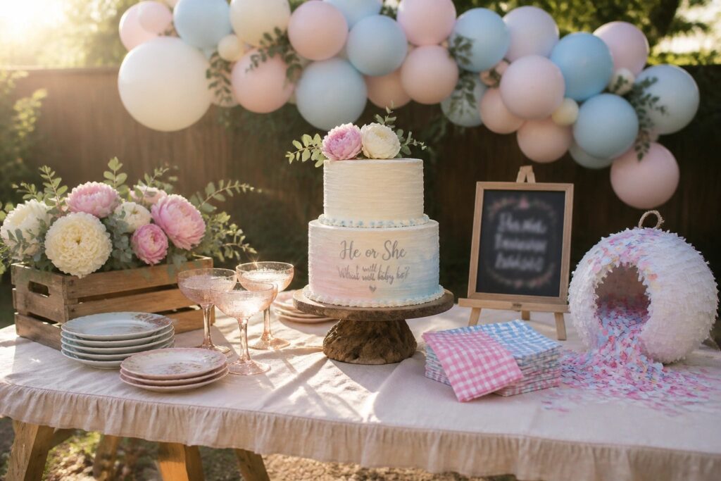 24 Fun Gender Reveal Party Ideas That Turn the Reveal Into Pure Joy A two-tier white cake topped with a "Boy or Girl?" sign sits on a wooden cake stand in front of a large pink and blue balloon arch, with plates, napkins, and glasses arranged on a white tablecloth.