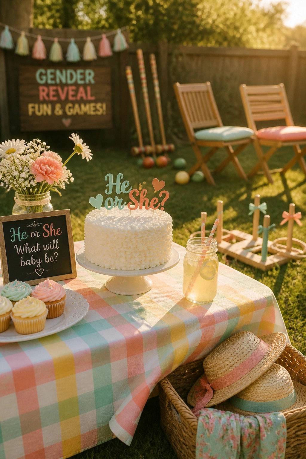 A backyard gender reveal party features a white cake with a He or She topper on a checkered tablecloth, surrounded by cupcakes, lemonade, straw hats, and croquet equipment.