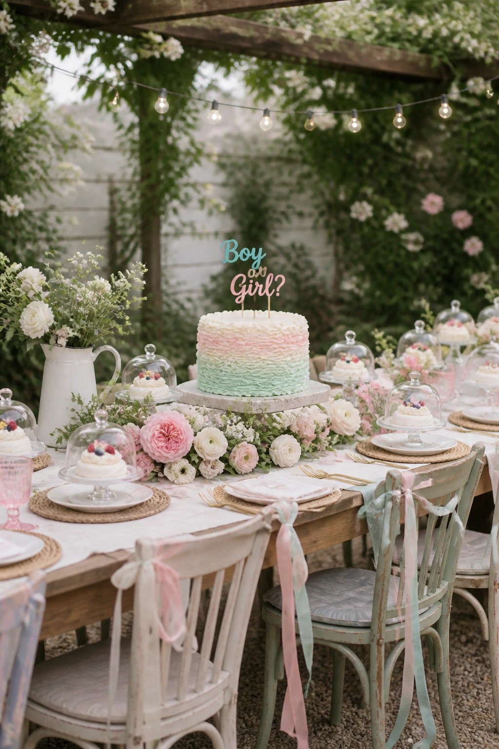 A long outdoor table set with a large ombre cake on a stand, small cakes under glass cloches, flowers, and mismatched chairs with pastel ribbons.