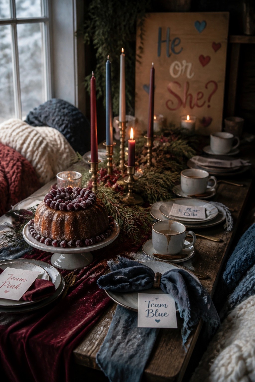 A long wooden table decorated for a gender reveal with lit candles, a bundt cake topped with berries, cups, and place cards reading Team Pink and Team Blue.