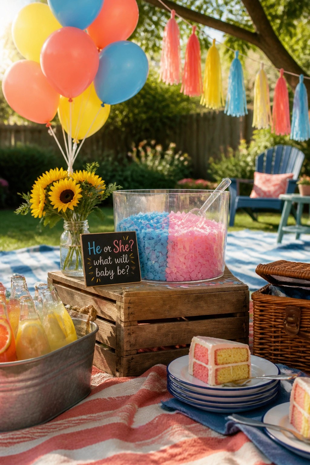 A backyard picnic scene with a large clear bowl of pink and blue cotton candy on a wooden crate, next to cake slices, drink bottles, and colorful balloons.