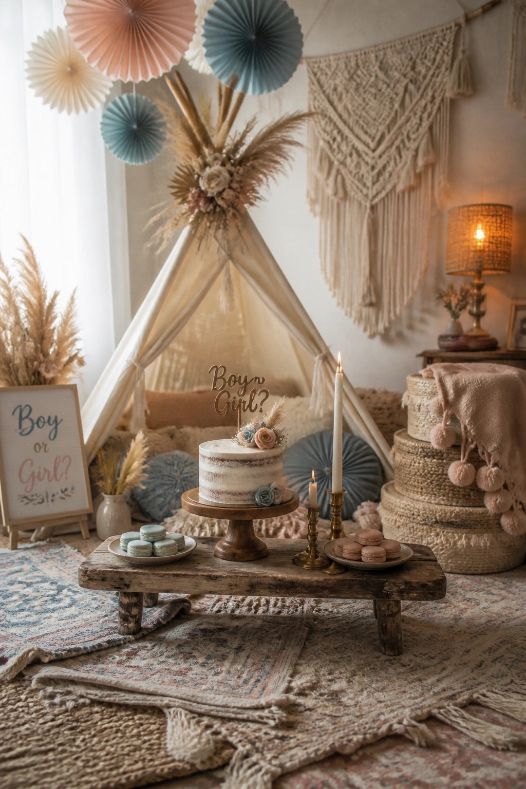 A white semi-naked cake sits on a wooden cake stand atop a low rustic table, flanked by plates of blue and pink macarons, with lit candles, a teepee backdrop, macrame wall hanging, and paper fans visible in the background.
