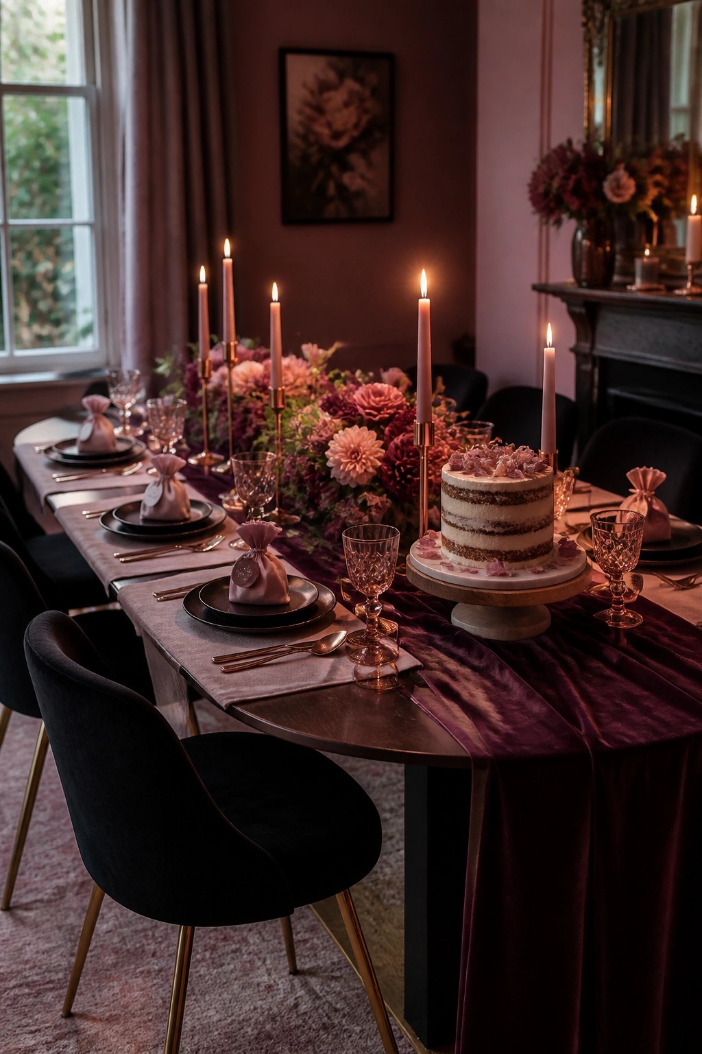 Elegant table with purple velvet runner, lit candles, florals, and naked cake.