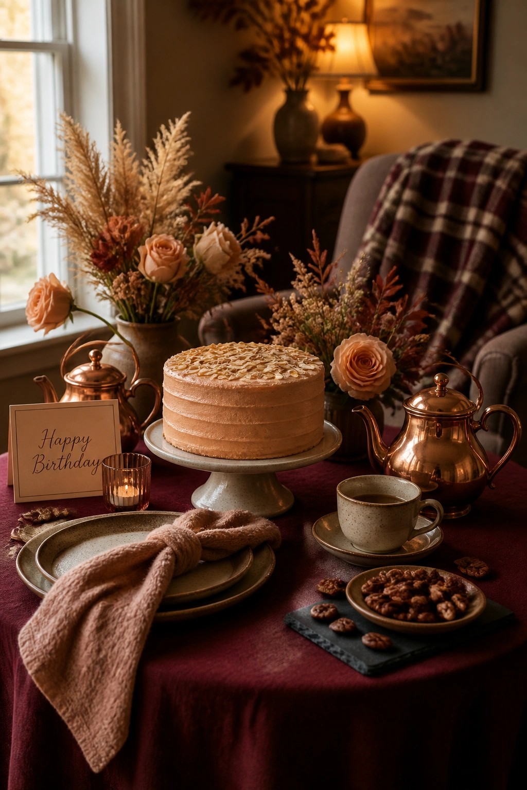 A round peach cake on a stand with copper teapots, plates, a teacup, and autumn floral arrangements on a burgundy tablecloth.