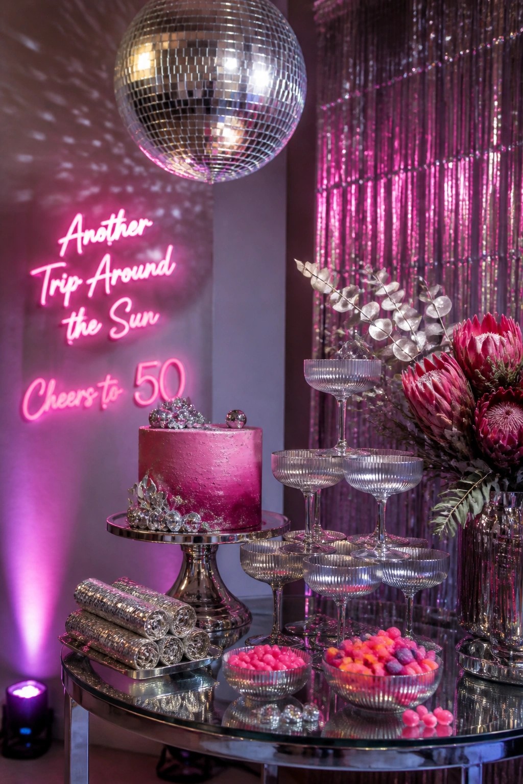 A pink ombre cake on a metallic stand sits under a large disco ball next to stacked coupe glasses and bowls of candy.