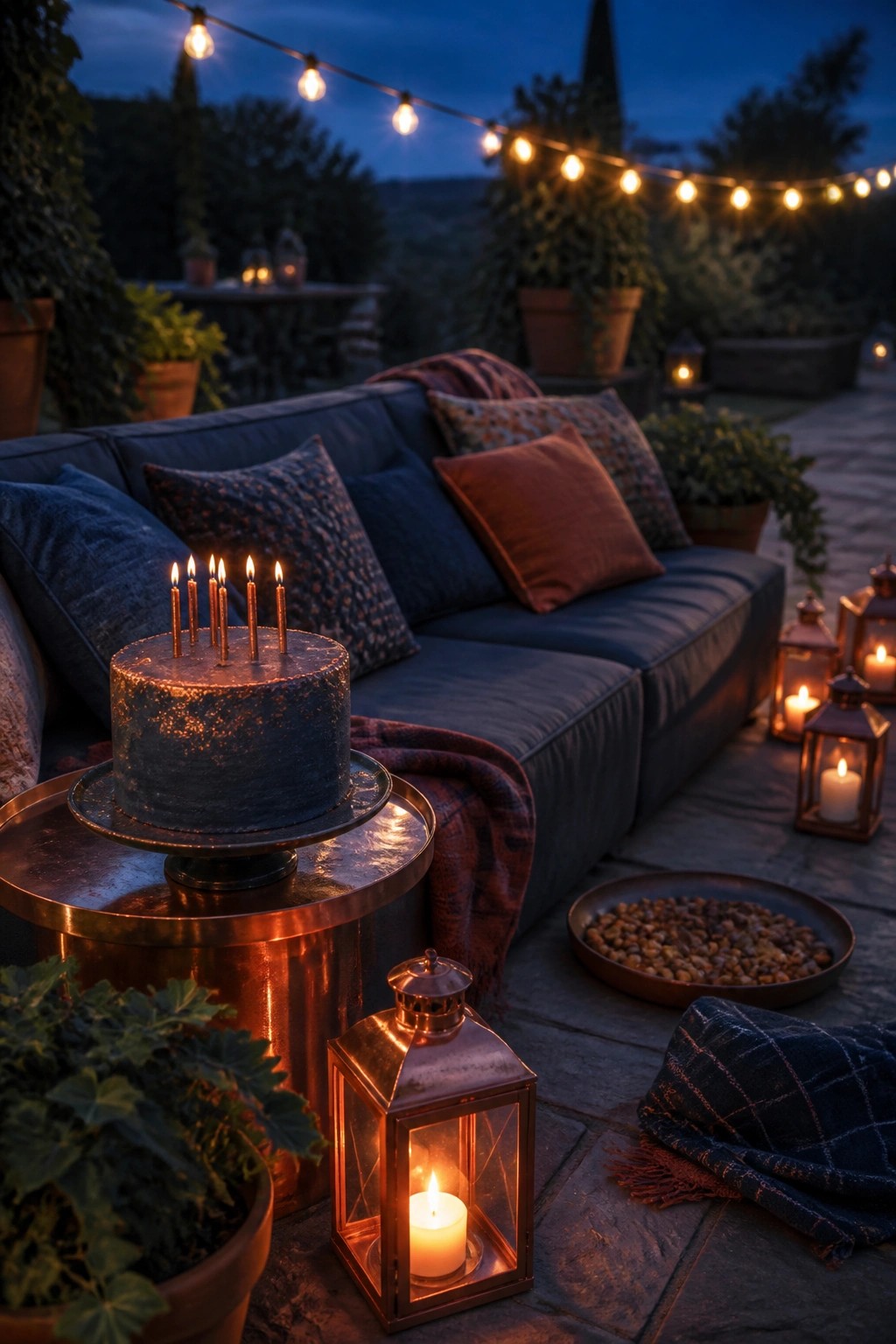 A dark blue outdoor sofa with pillows sits on a stone patio at dusk next to a birthday cake on a copper table, with several lit lanterns and string lights around the area.