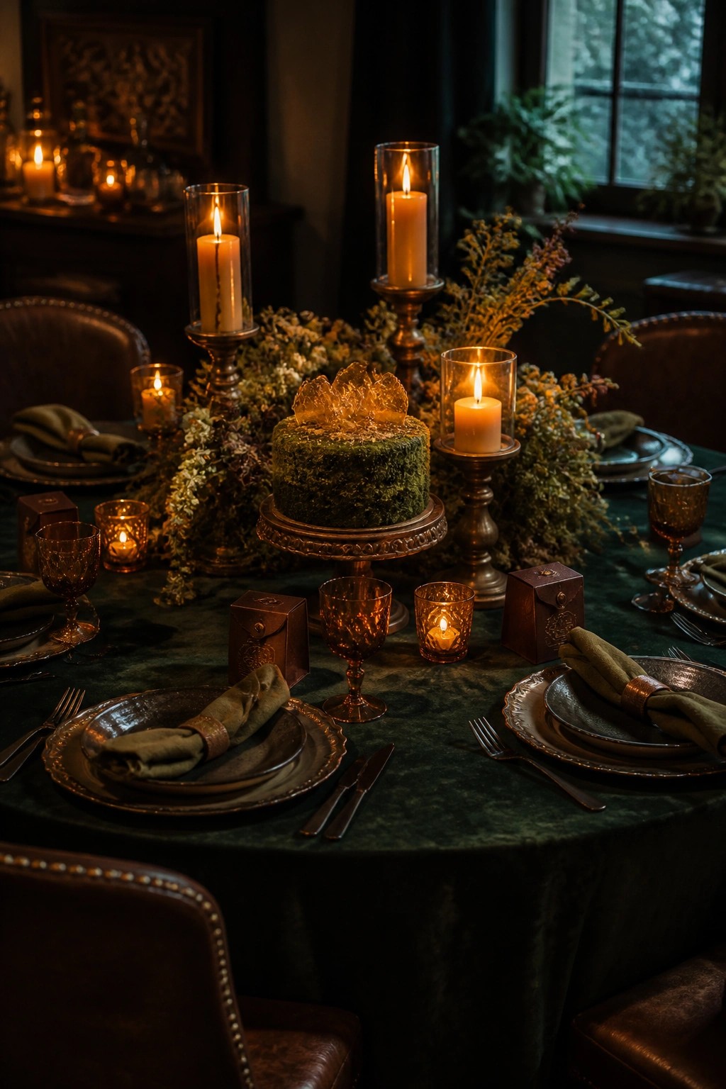A moss-covered cake on a metal stand sits at the center of a dark green table surrounded by lit candles, amber glassware, and place settings.
