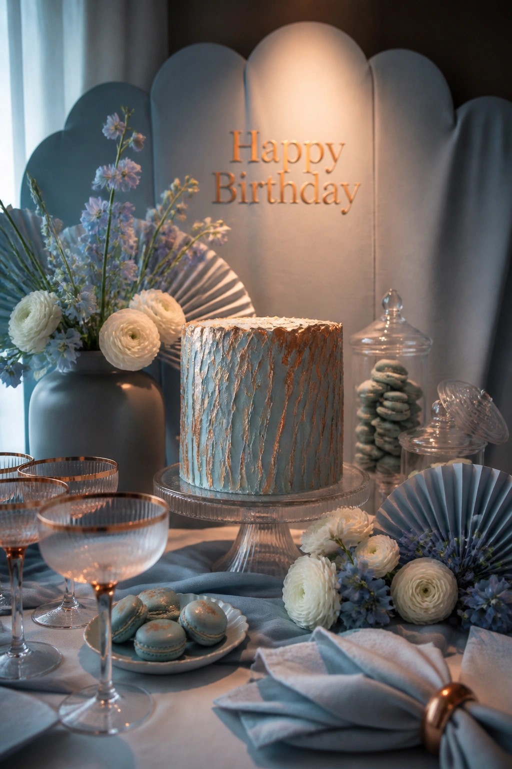 A light blue birthday cake with gold streaks sits on a glass stand amid white and blue flowers, blue macarons, and matching tableware.