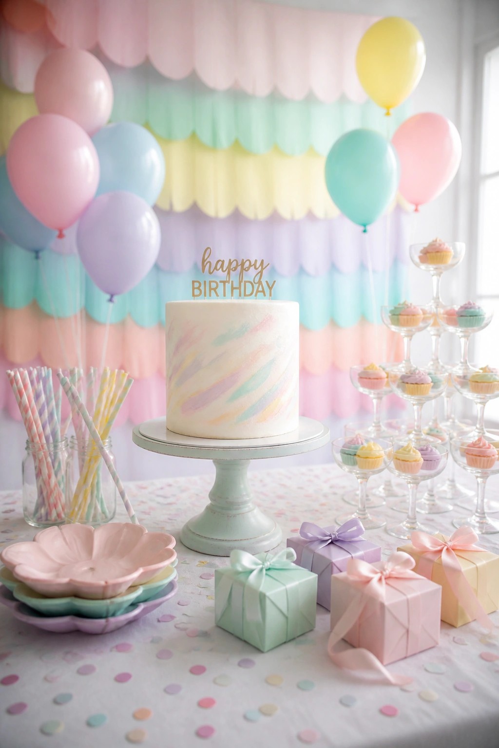A pastel-themed birthday setup with a white cake on a stand, colorful balloons, cupcakes in glass dishes, wrapped gifts, and paper straws arranged on a polka dot tablecloth.
