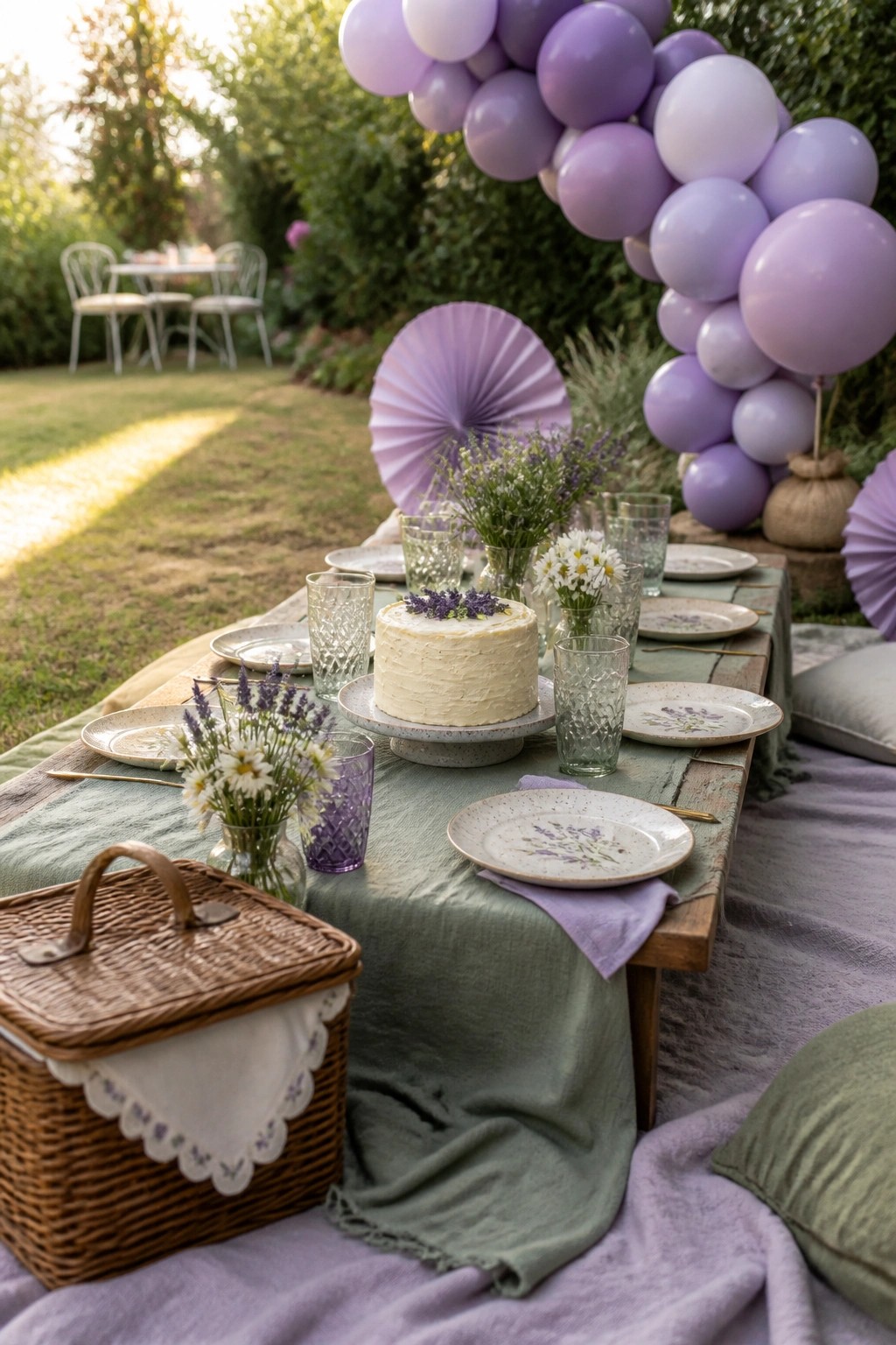 An outdoor picnic table with a white cake, purple balloon arch, lavender flowers, and green tablecloth set on grass.