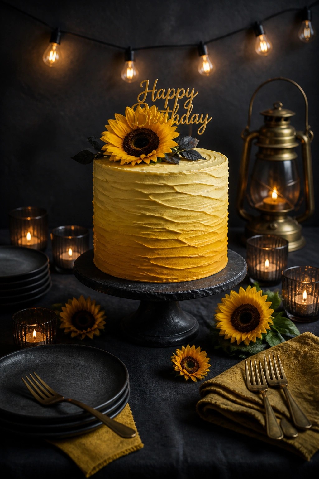 A yellow birthday cake with sunflowers and a gold topper sits on a dark stand surrounded by lit candles, plates, and a lantern.
