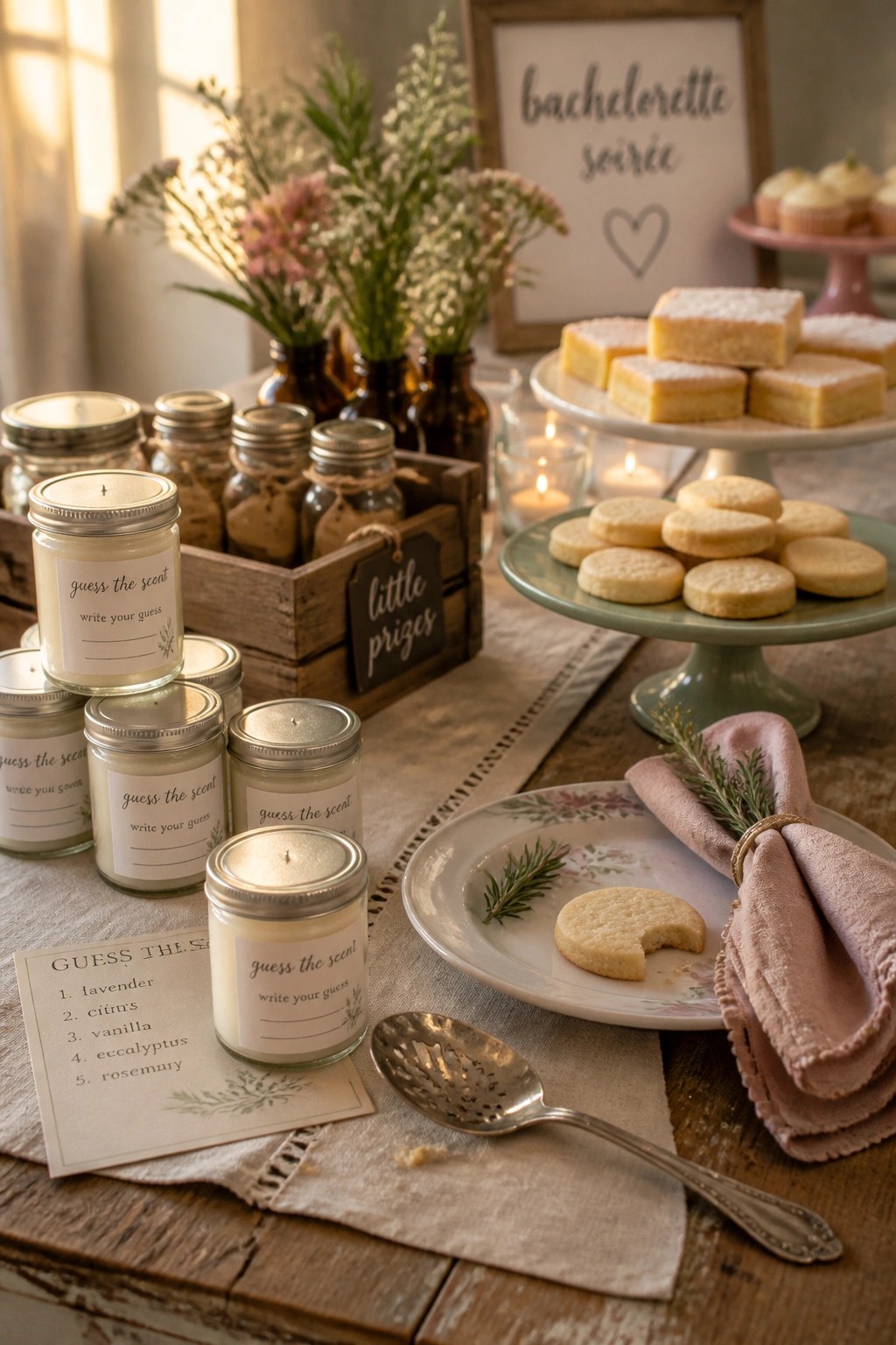 A wooden table displays multiple small white candles in jars labeled for a guess the scent game, with cookies on plates, a list of scents, and a bachelorette sign in the background.