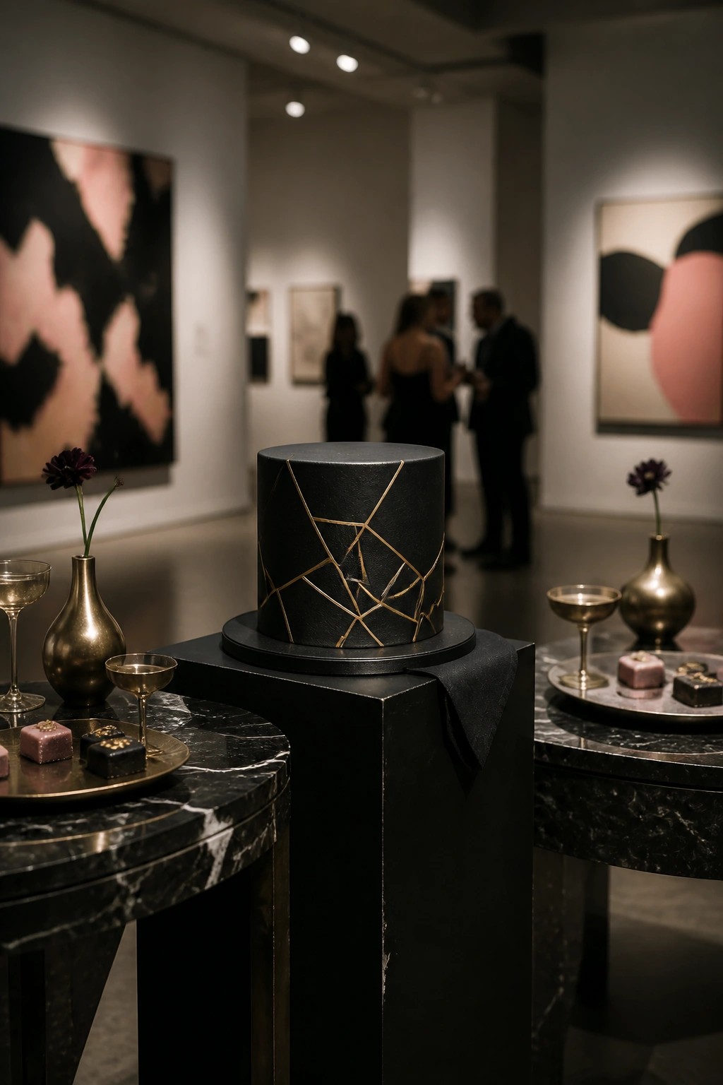 A black cake decorated with gold geometric lines sits on a black pedestal, surrounded by marble tables holding small desserts and gold coupe glasses in an art gallery setting.