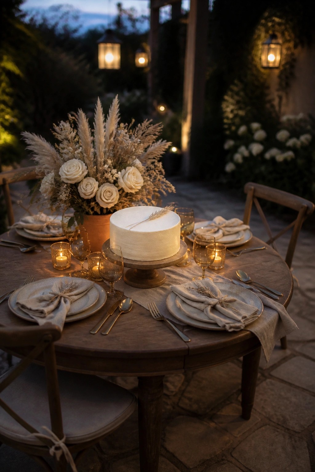Elegant outdoor table with white cake, roses, pampas grass, and glowing candles at dusk