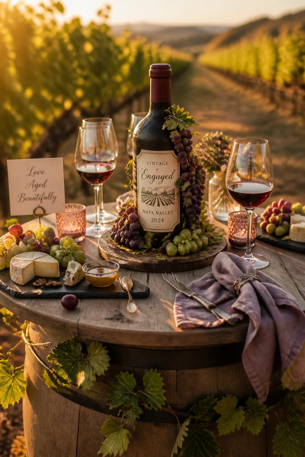 A dark wine bottle with a custom label reading Vintage Engaged Napa Valley 2024, wrapped in grapes, sits on a wooden barrel table in a vineyard at sunset, surrounded by filled wine glasses, cheese, and a purple napkin.