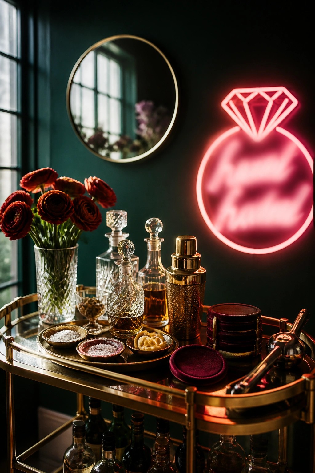 A gold bar cart with glass bottles, a cocktail shaker, red flowers, and small dishes stands in front of a pink neon sign shaped like a ring.