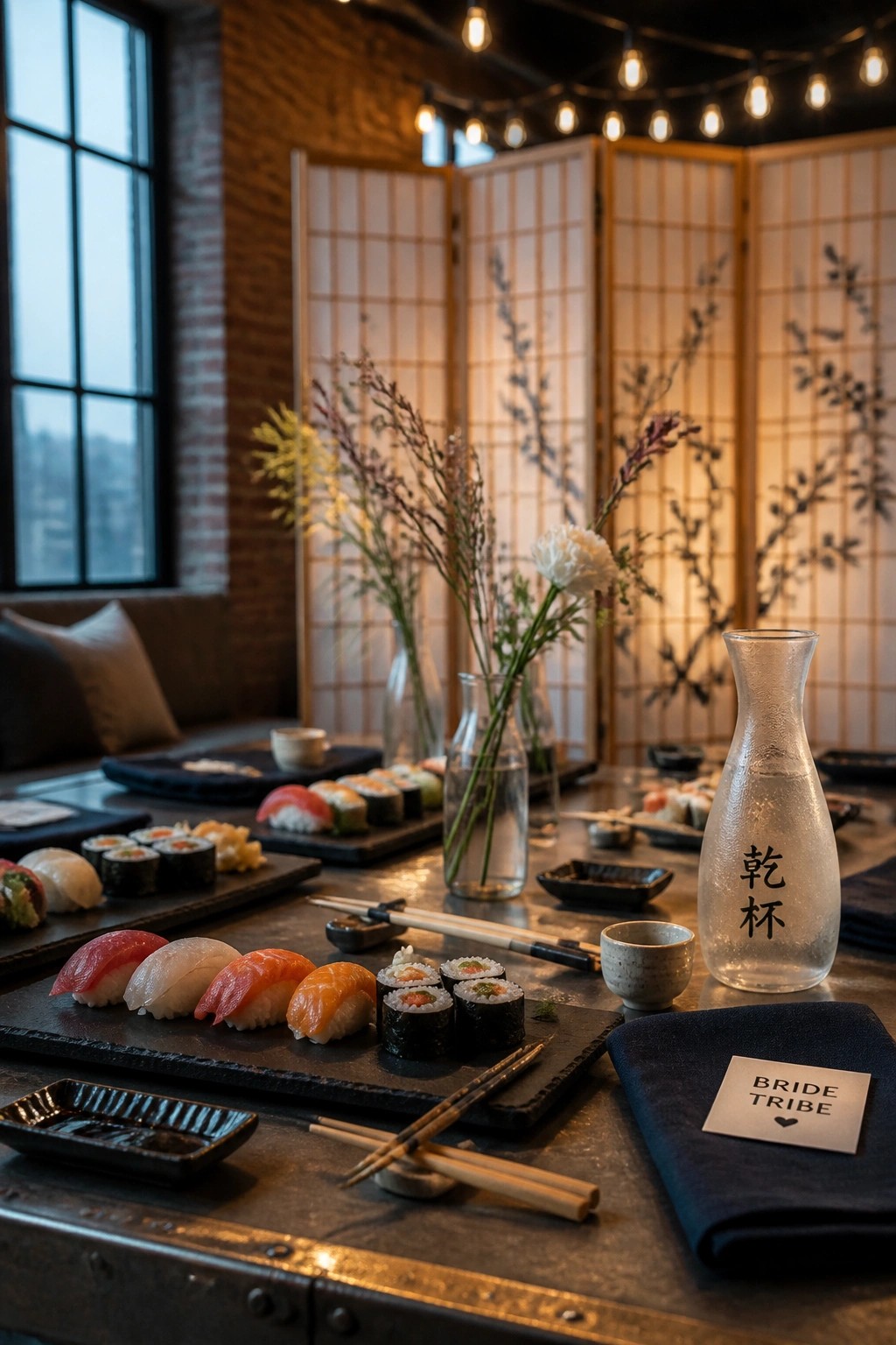 A table arranged with multiple sushi platters, chopsticks, a sake carafe, small dishes, and flower vases in front of shoji screens.
