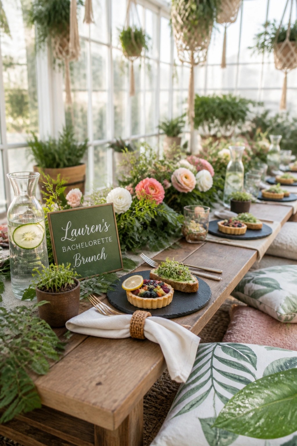 A long wooden table set for brunch with food on black slate platters, surrounded by potted plants and hanging greenery inside a bright room with large windows.