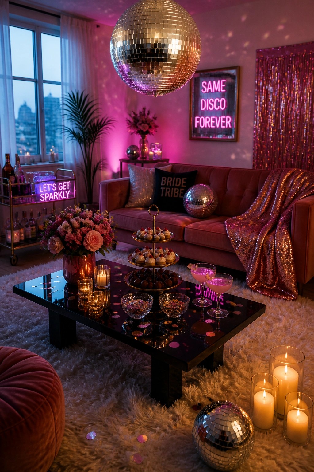 Pink disco party lounge with hanging disco ball, velvet sofa, and neon signs