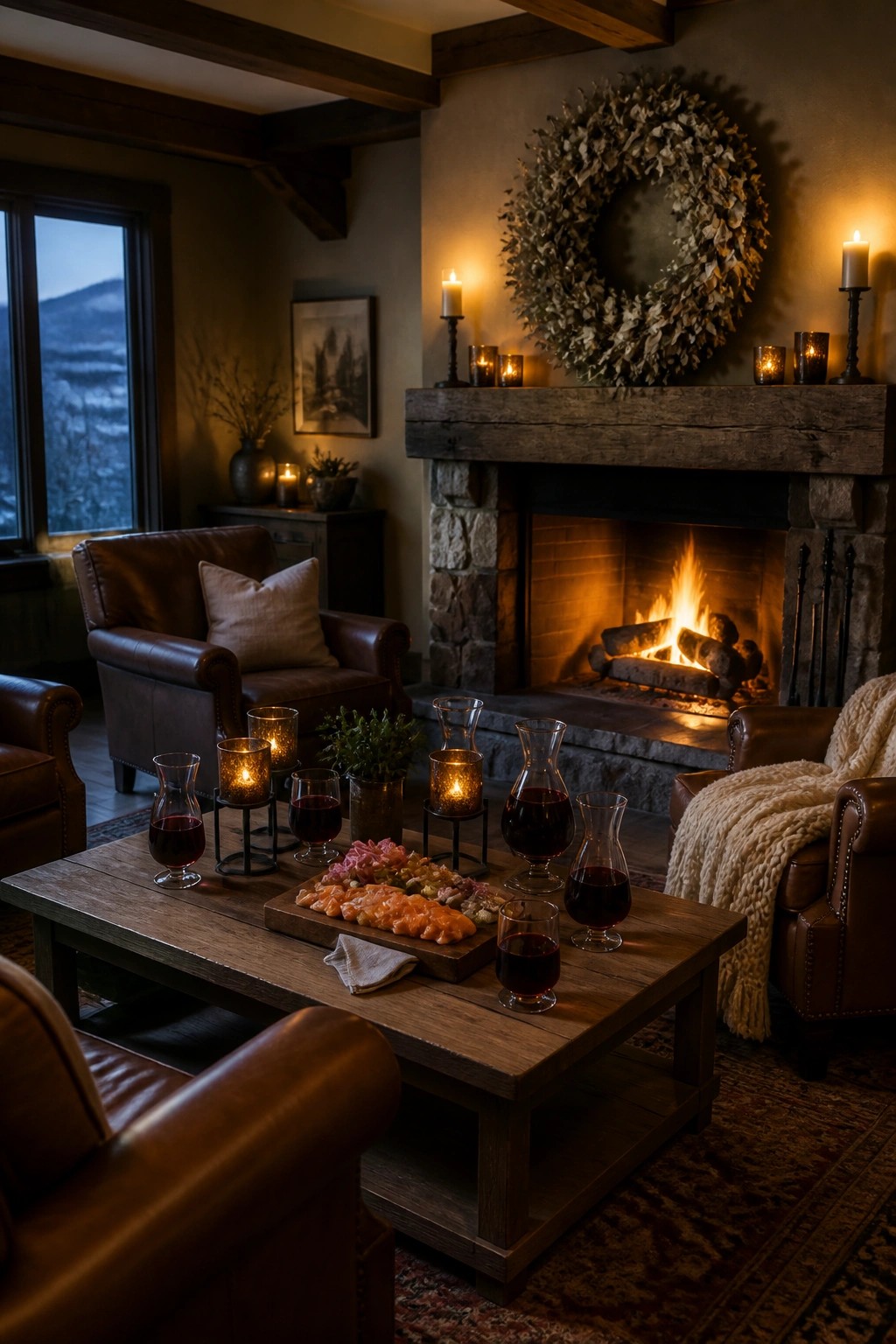 A living room with leather armchairs around a wooden coffee table holding wine glasses, candles, and a charcuterie board, in front of a lit stone fireplace with more candles on the mantel.