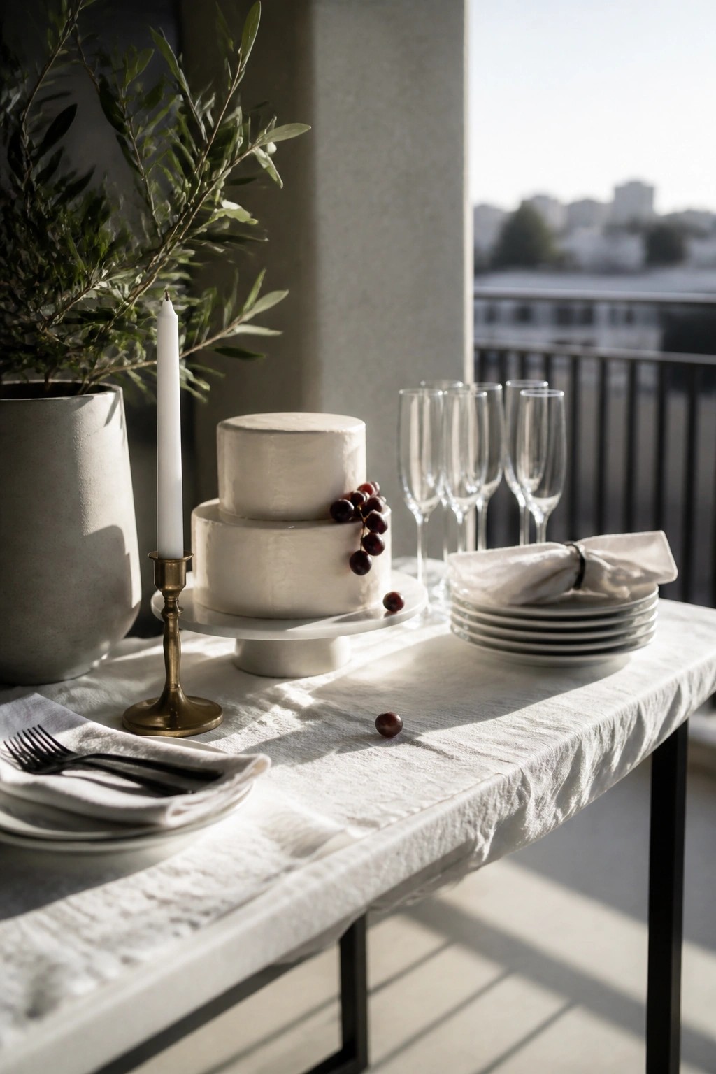 A two-tier white cake decorated with grapes sits on a white table with champagne glasses, stacked plates, a lit candle, and greenery nearby.