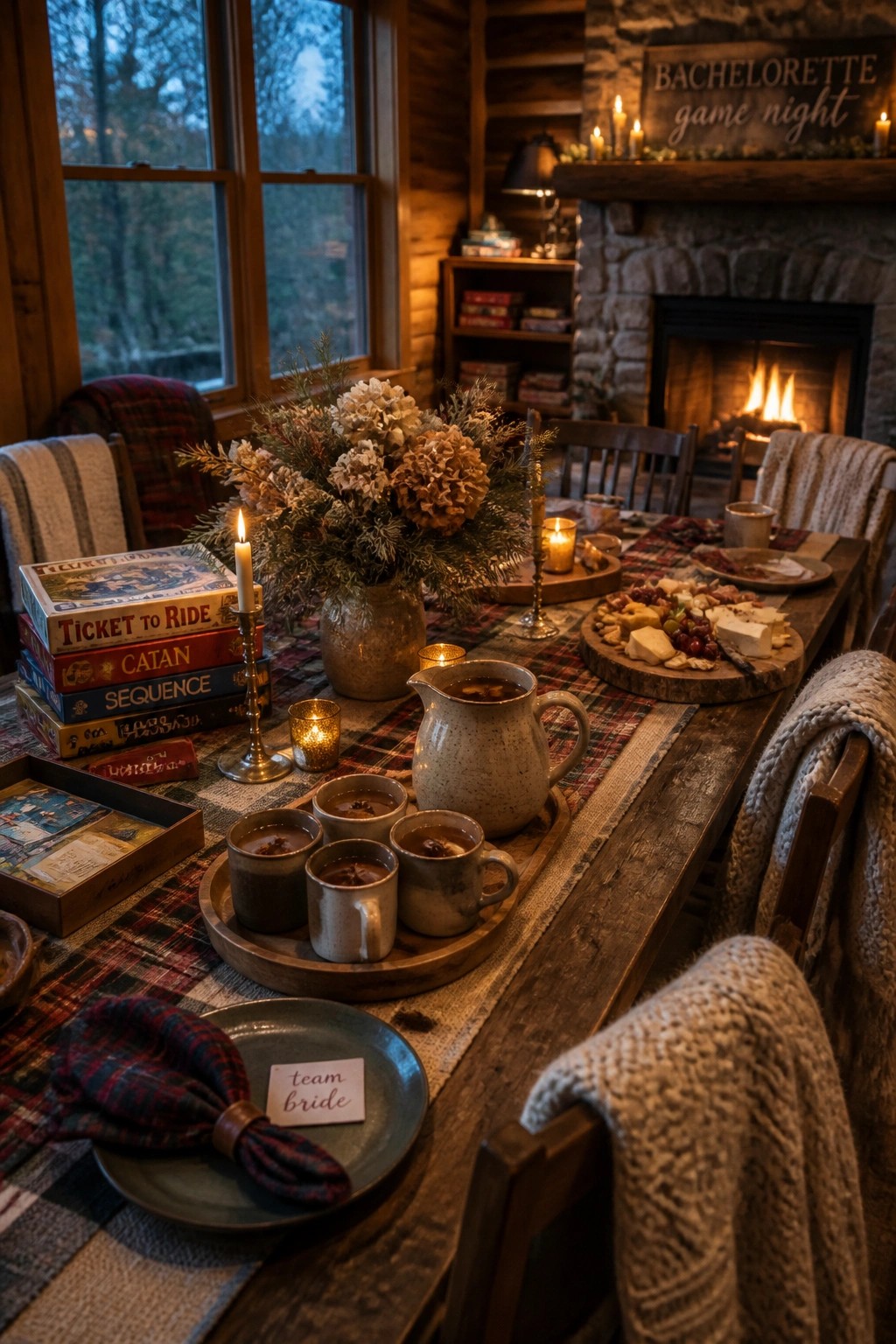 Cozy cabin table with board games, charcuterie, mugs, candles, and bachelorette sign