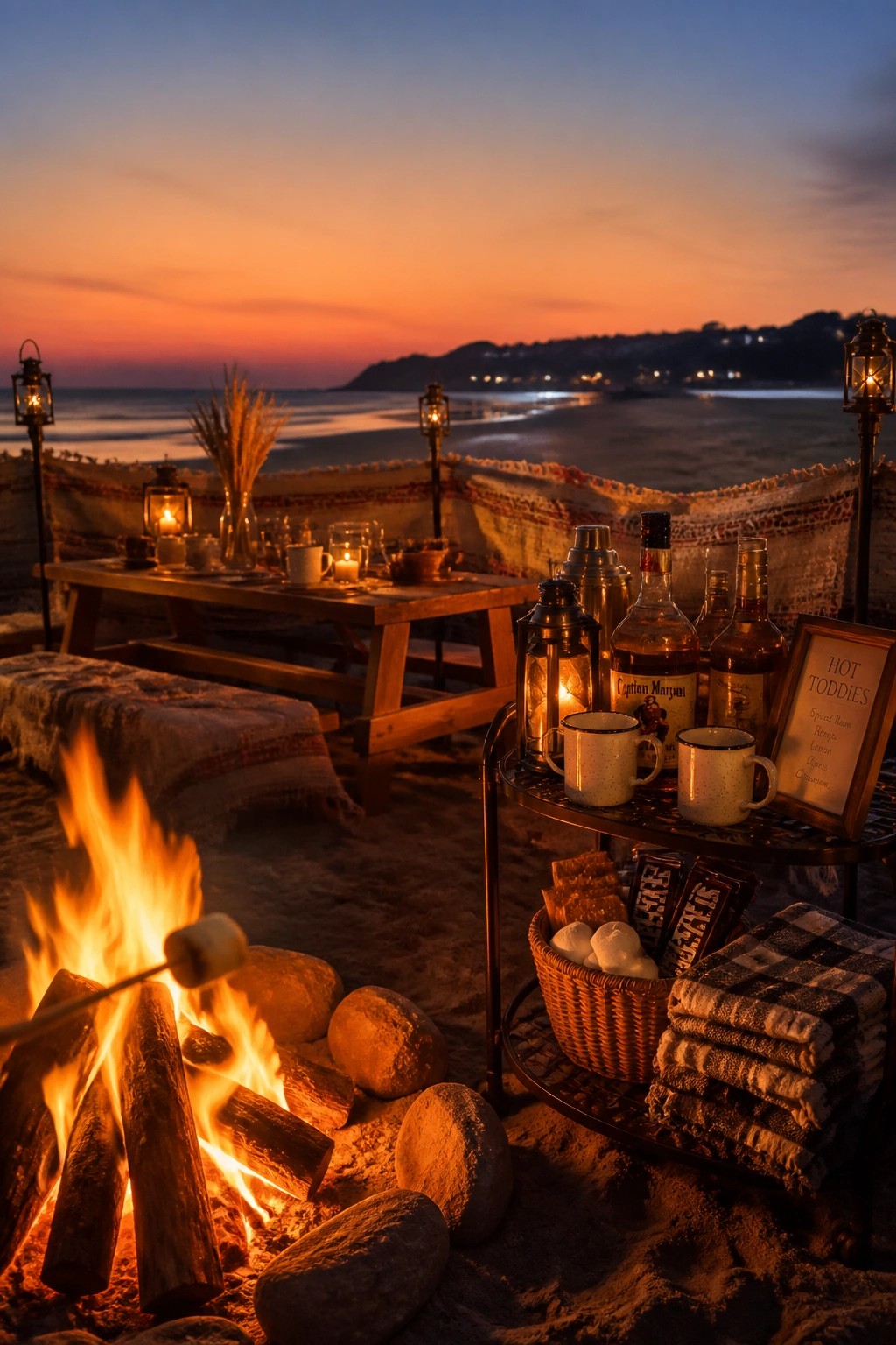 A beach bonfire at dusk with a rolling metal cart holding liquor bottles, enamel mugs, a basket of s'mores supplies, and a framed sign next to the flames.