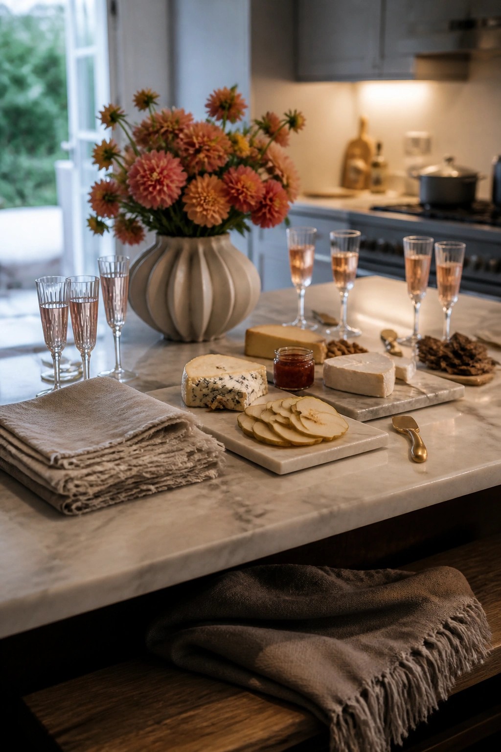 A marble kitchen counter displays several cheeses, sliced pears, a jar of jam, nuts, bread, wine glasses filled with rosé, and a large vase of pink flowers.