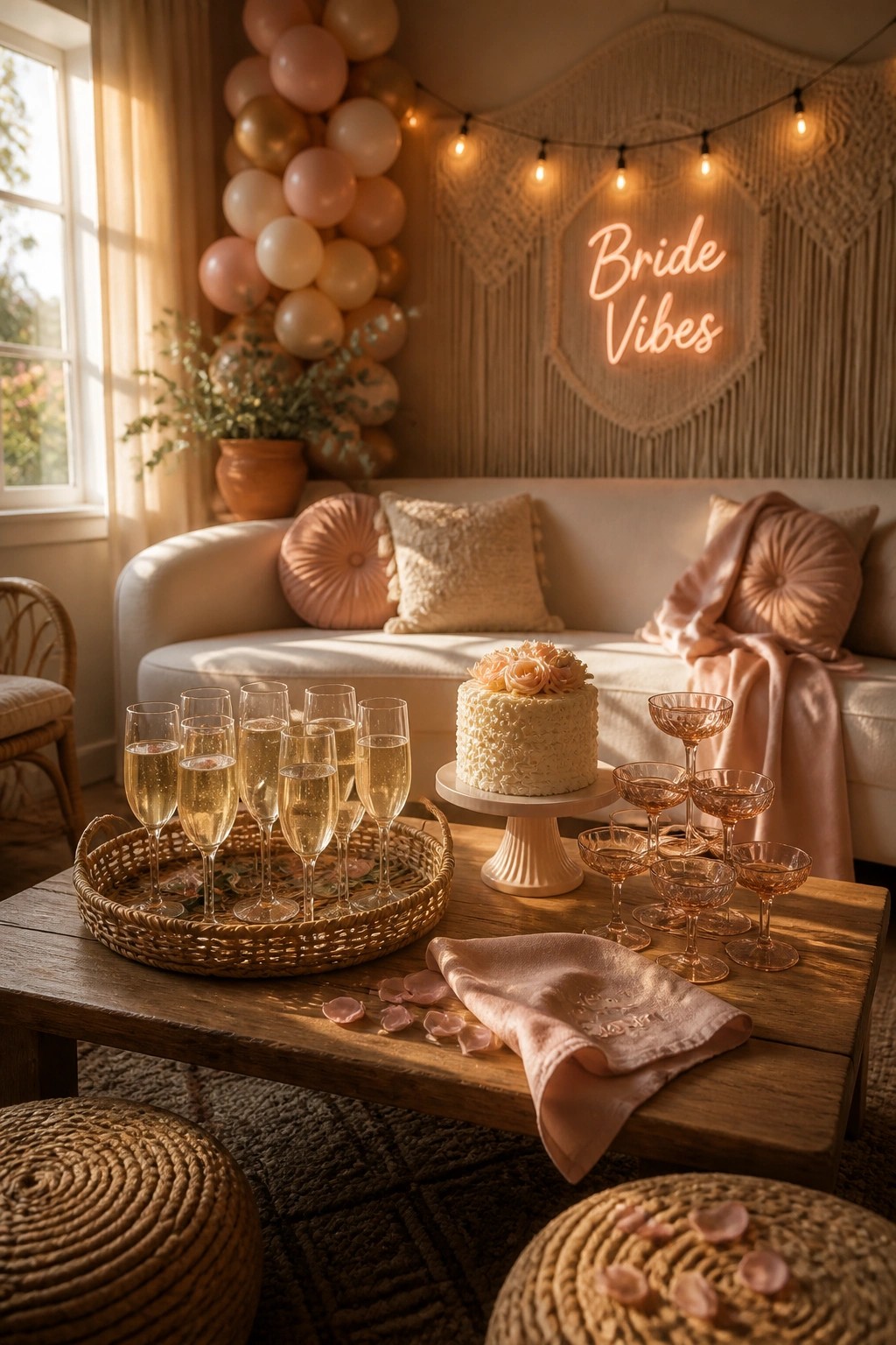 Cozy bridal setup with white cake, champagne glasses, pink balloons, and Bride Vibes neon sign