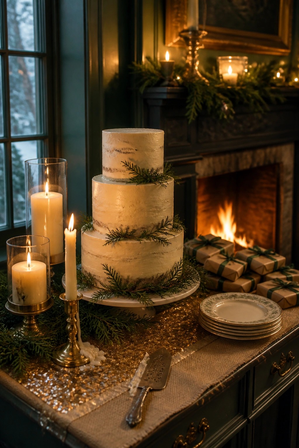 A three-tier white cake with evergreen sprigs sits on a table beside candles, a cake server, and wrapped gifts in front of a lit fireplace.