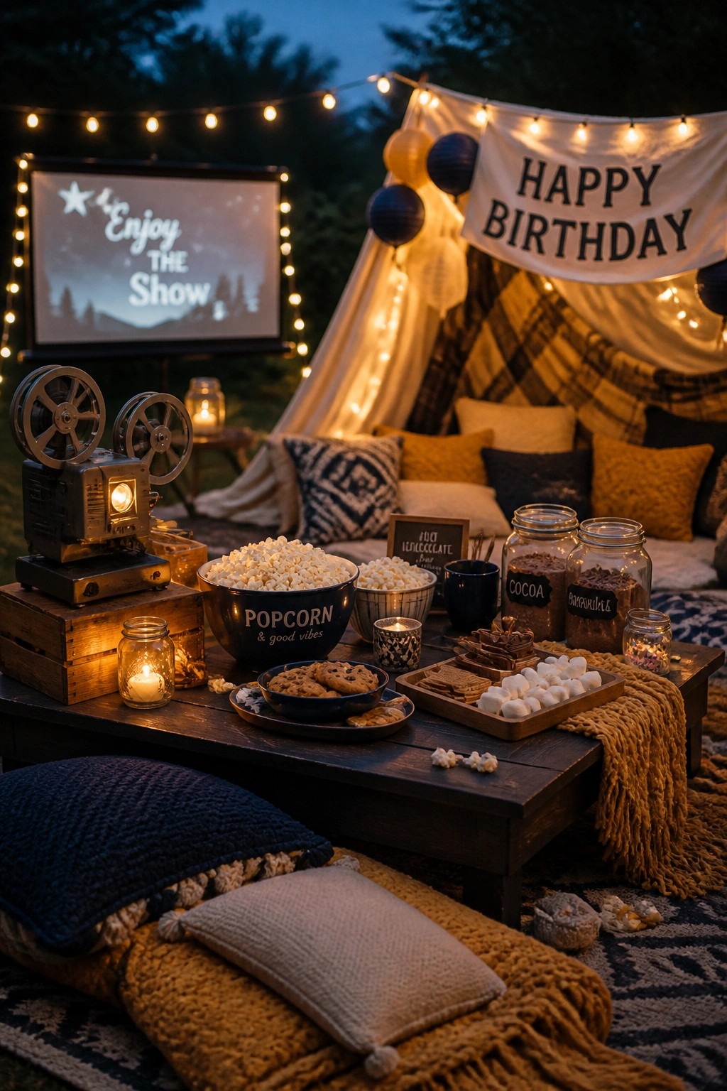 An outdoor evening birthday setup with a projector screen, string lights, a birthday banner, pillows, blankets, and a table of popcorn and snacks.