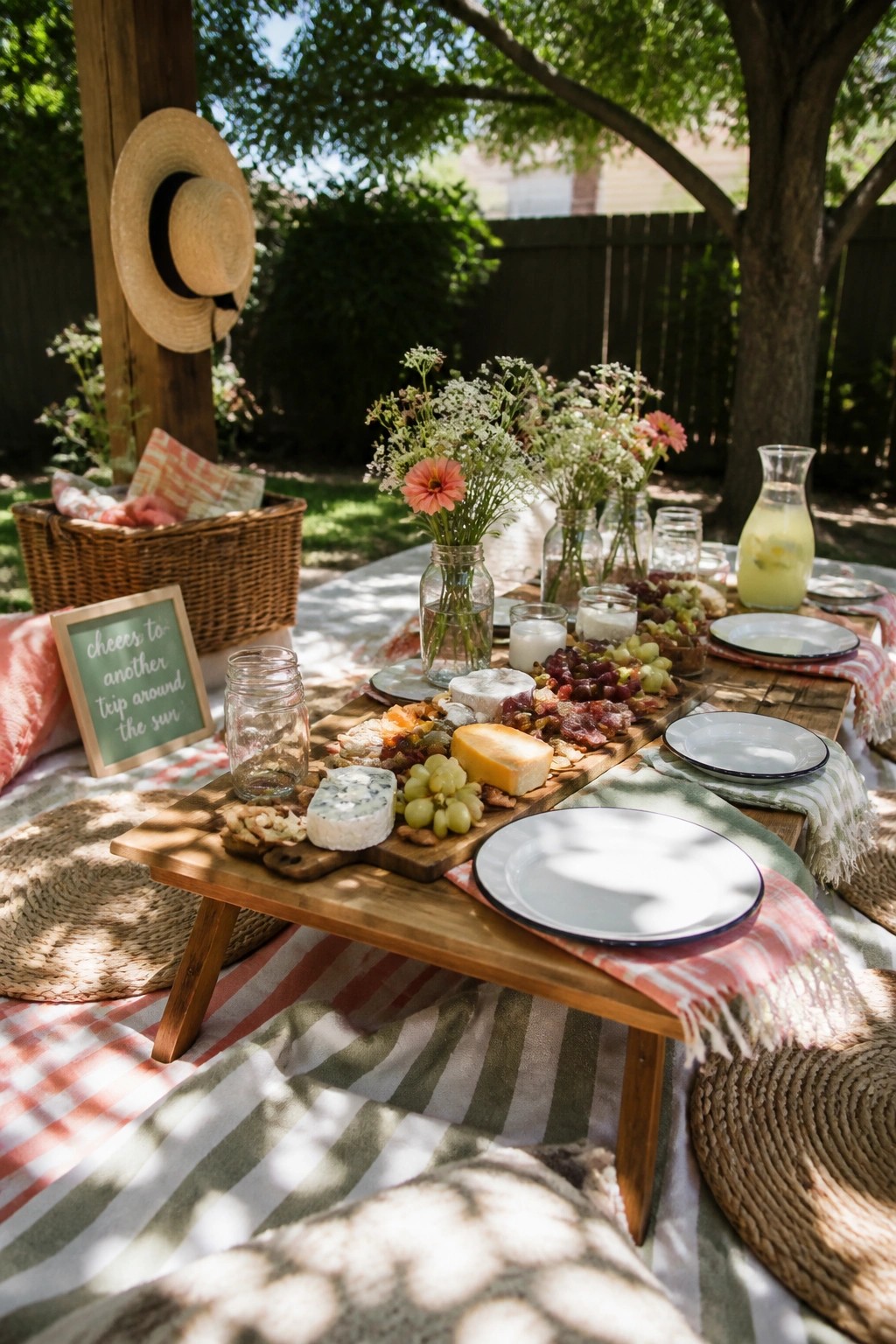 A low wooden picnic table loaded with cheese, fruit, and plates sits on a striped blanket in a sunny backyard with wildflower jars and a woven hat nearby.