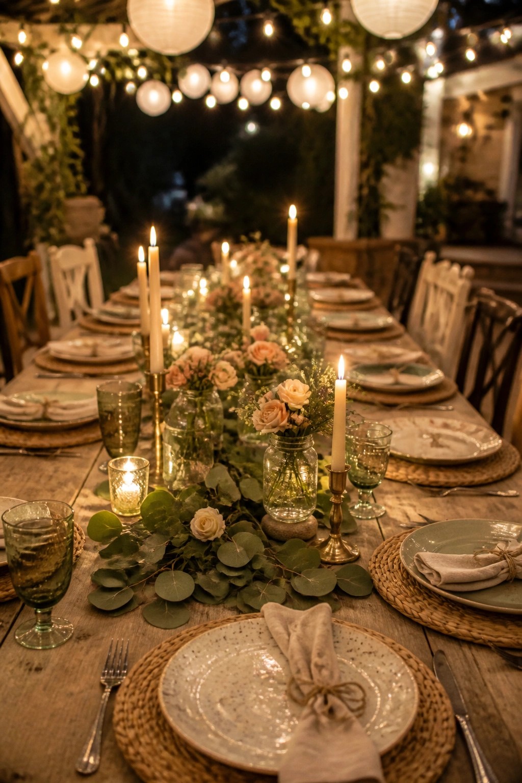 A long wooden outdoor dining table set for a meal with plates, napkins, glassware, flowers in jars, and lit candles beneath string lights and paper lanterns at night.