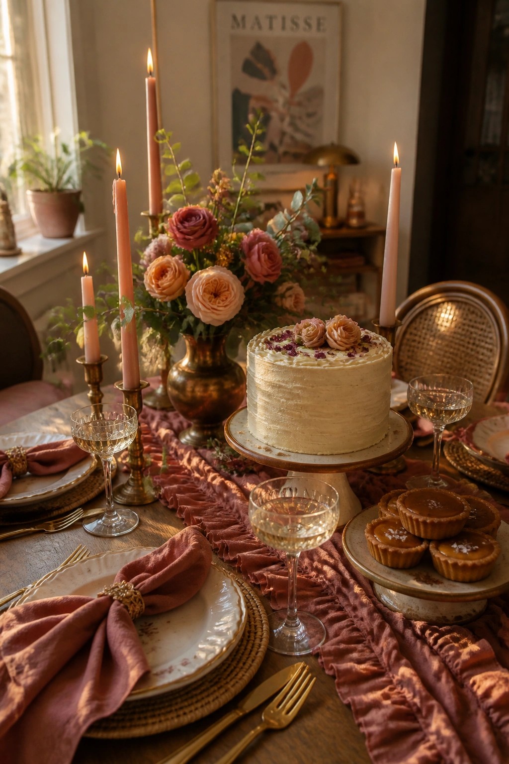 A dining table set for a meal with a white cake on a stand, several lit pink taper candles, a floral centerpiece in a bronze vase, plates, and small tarts on a side plate.