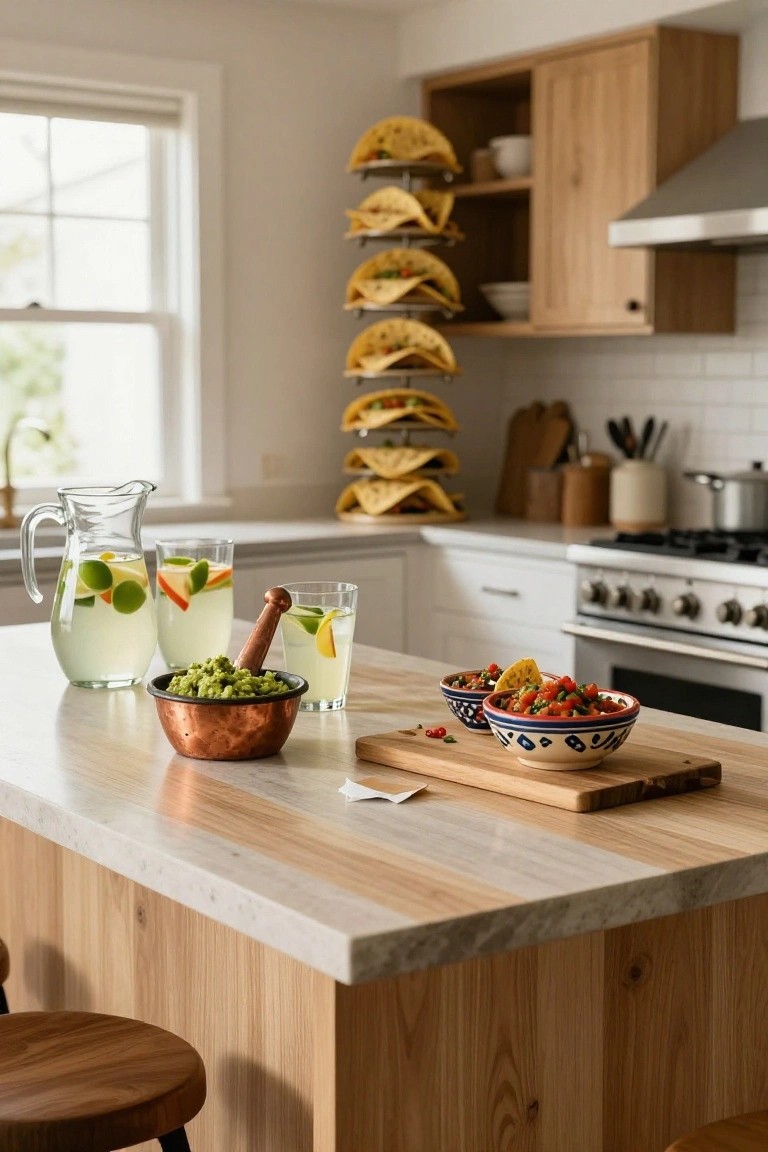 A kitchen island holds bowls of guacamole and salsa with glasses of lemonade and a wooden stool nearby, while tacos sit on a rack in the background.