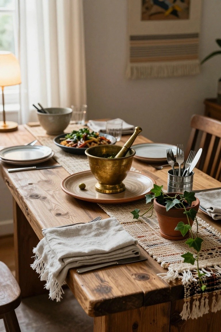 Rustic wooden table set with brass mortar, plates, cutlery, napkins, and potted ivy.